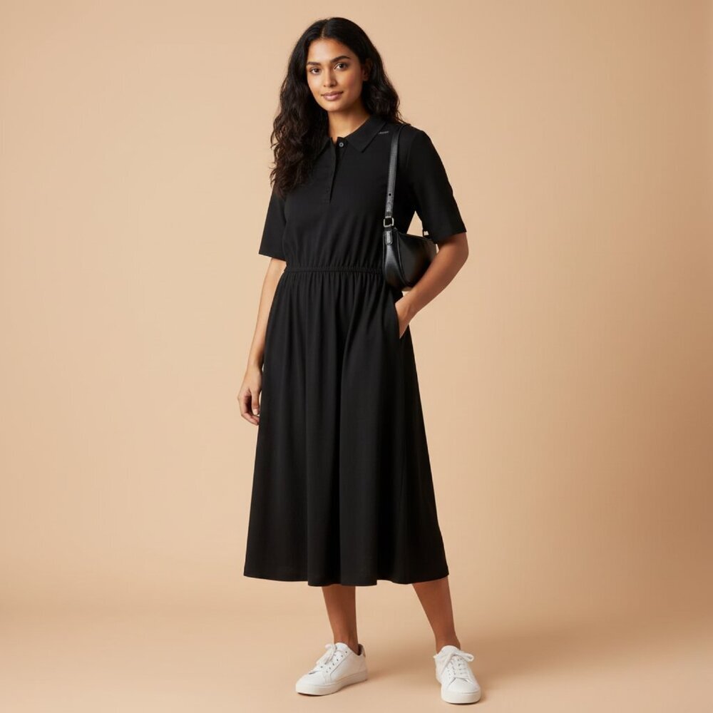 Eshakti Womens 4X Collar Sheer Neck Short Sleeve Dress Black Color